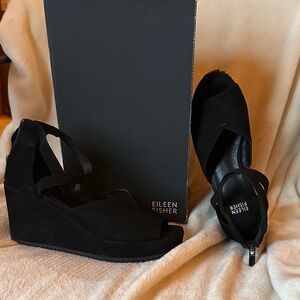 Eileen Fisher Black Suede Crisscross Wedge Sandals - gently worn